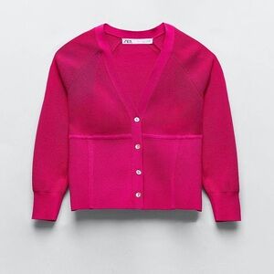 Zara Barbie Pink Seam Detail Knit Cropped Cardigan Fit Sweater - NWT - Small